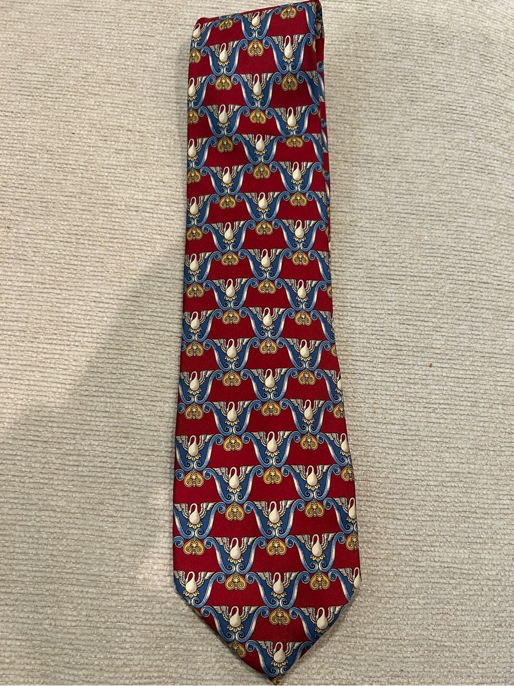 Fendi Red Tie with Blue and Cream Geometric Motif